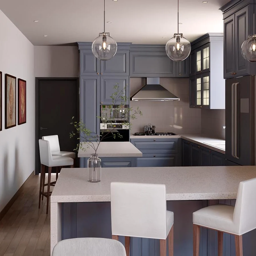 Atta Doku Meadows kitchen — pendant lighting and stone island countertops